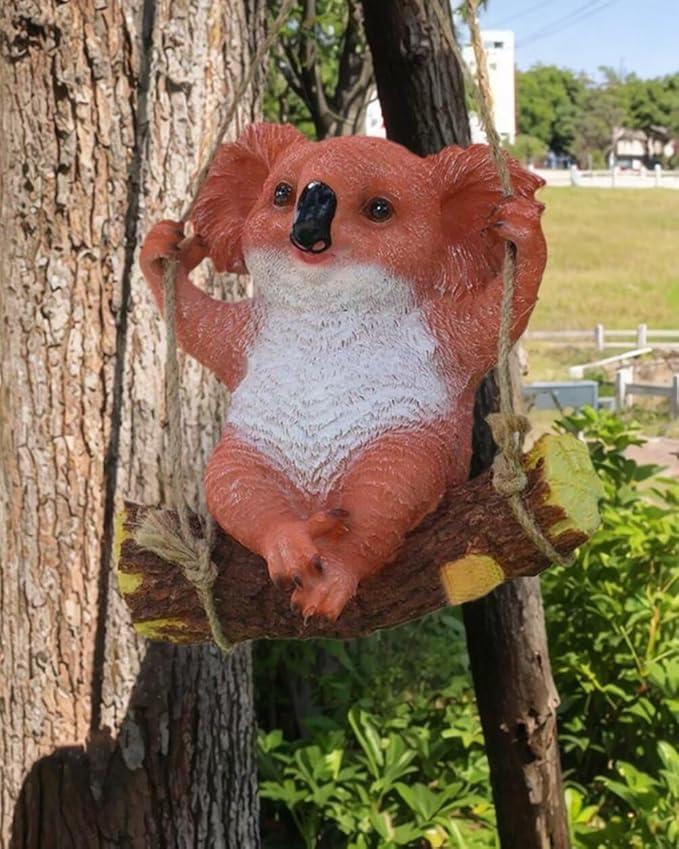 Swinging Koala Figurines Resin Garden Statues for Patio Balcony Backyard Lawn Ornaments Orange A