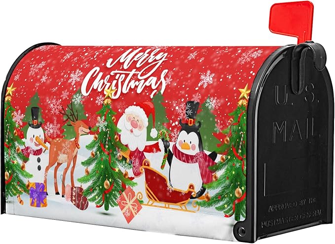 Merry Christmas Mailbox Cover, Magnetic Standard Size 25.5x21 Inch, Xmas Trees Santa Claus Snowman Reindeer Penguin Mailbox Wrap Post Cover for Garden Yard Outdoor Home Hew Year Decor