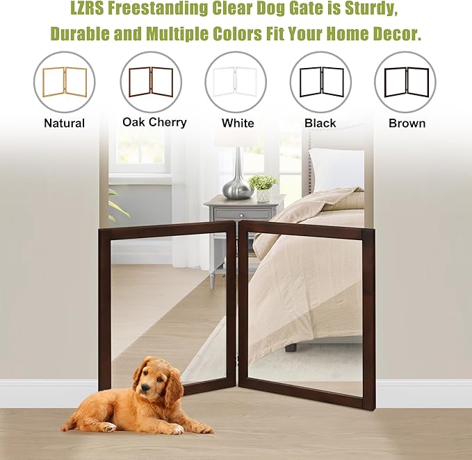 LZRS Clear Dog Gate for Indoor Use - Transparent Pet Fence with Solid Hardwood and Plastic Board, Stylish & Durable freestanding Pet Gate for Doorways, Stairs and Hallways-2 Panel Brown