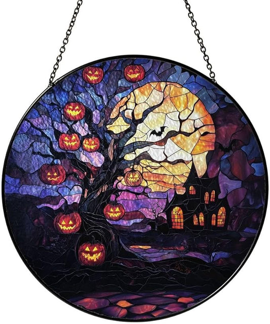Stained Glass Scary Halloween Ornaments Suncatcher - Scary Halloween Decor Gifts for Women Men Spooky Lovers - Window Hanging Decorations for Home Wall Kitchen - Christmas Birthday Housewarming Gift