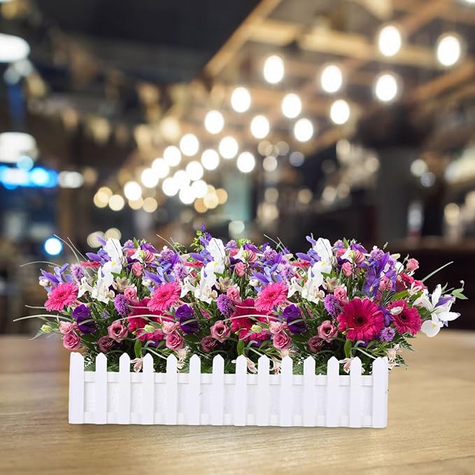 DOITOOL Wooden Picket Fence Planter Box with Foam Inserts, Wood Window Box DIY Plant Basket Container Decorative Garden Planter for Artificial Flower Plants Garden Decor, White - 19.7 x 4.4 x 3.6 in
