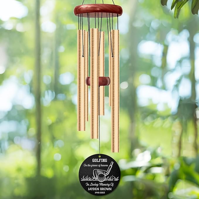 Personalized Golf Memorial Wind Chime – “Golfing on The Greens of Heaven” Custom Name & Years – Sympathy Gift for Golf Lovers – Memorial Windchimes for Loss of Loved One – Garden Remembrance Décor