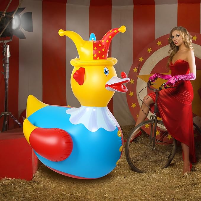2Pcs 4.6 Feet Giant Inflatable Duck Outdoor Decorations,Huge Blow Up Yard Yellow Duck with Red Blue Clown Cloth Duck Pool Float for Summer Beach Pool Carnival Birthday Party Garden Decor