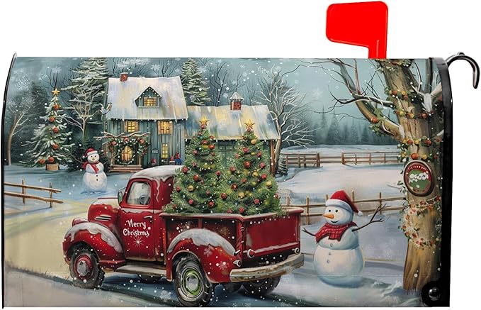 Winter Red Truck Mailbox Covers Magnetic Standard Size 21x18 inch Christma Tree Mailbox Covers Snowman Mail Box Wraps for Outside Garden Yard
