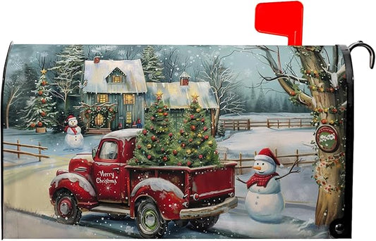 Winter Red Truck Mailbox Covers Magnetic Standard Size 21x18 inch Christma Tree Mailbox Covers Snowman Mail Box Wraps for Outside Garden Yard