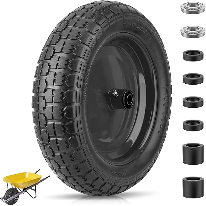 TICONN 4.80/4.00-8 Tire, 16" Flat Free Wheelbarrow Tire and Wheel, Solid Replacement Tires with 3" Centered Hub, 5/8" 3/4" Bearings, Universal Fit 4.80/4.00-8, 3.50/3.00-8, 4.00-6 (Black)