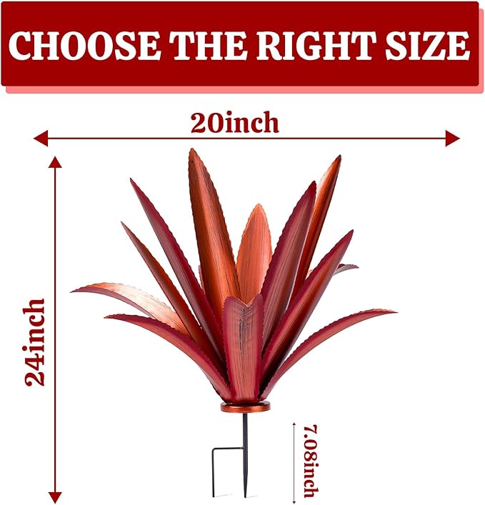 Large Tequila Rustic Sculpture, Rustic Metal Agave Plants for Outdoor Patio Yard Mexican Plant Garden， Agave Outdoor Lawn Ornaments Yard Stakes (Red 1pc)