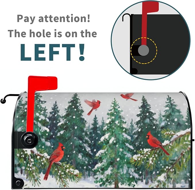 Winter Christmas Mailbox Covers Magnetic Standard Size Snow Scene Theme Green Red Cardinal Xmas Tree Outdoor Decorative Holiday Seasonal Letter Box Cases for Home Garden Outside Decor, 21x18 Inch