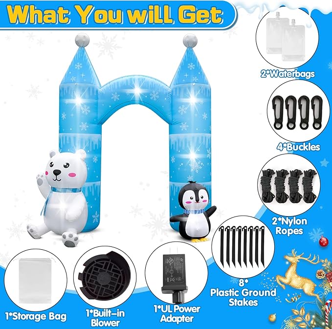 10FT Christmas Penguin Polar Bear Inflatable Arch Outdoor Decoration Snowflake Castle Blow Up Yard Decorations with 7 Lights Giant Inflation for Xmas Archway Indoor Lawn Garden Holiday Winter Party
