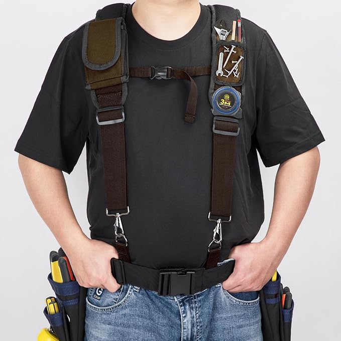 Tool Belt Suspenders for Men, Adjustable Padded Carpenter Tool Belt with Magnetic WristBand Multifunctional Pouch Pocket for Construction Workers (Brown)