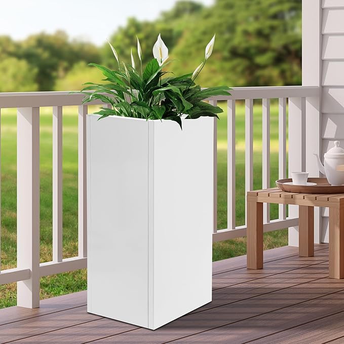 Metallic Heavy Outdoor/Indoor Planter Box, Seamless Large Metal Planter for Tall Trees, Plants, Flowers, No Assembly Required (White, 14 * 14 * 30 inch)