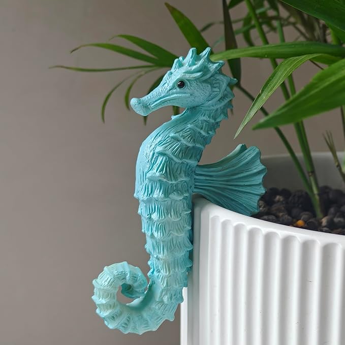 Cute Climbing Seahorse Flower Pot Huggers, Ocean Animal Figurines Plant Decorations for Pots, Resin Flower Pot Decorations, Fairy Garden Accessories, Fish Tank Planter Edge Craft Decor (Seahorse)