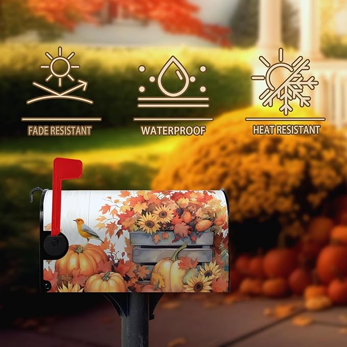 Fall Sunflower Mailbox Covers Magnetic Standard Size Autumn Bird Mailbox Cover Maple Leaf Thankful Pumpkin Mail Box Post Cover Waterproof Thanksgiving Mail Wraps for Garden Yard 21x18 Inch