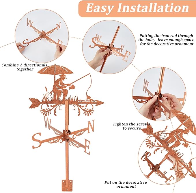 SUPERDANT Fishing Weather Vane for Roof Fish Man Metal Weathervane Bank Fishing Wind Vanes for Sheds Copper Wind Direction Indicator for Farmhouse Yard Farm Shed Garden Decoration