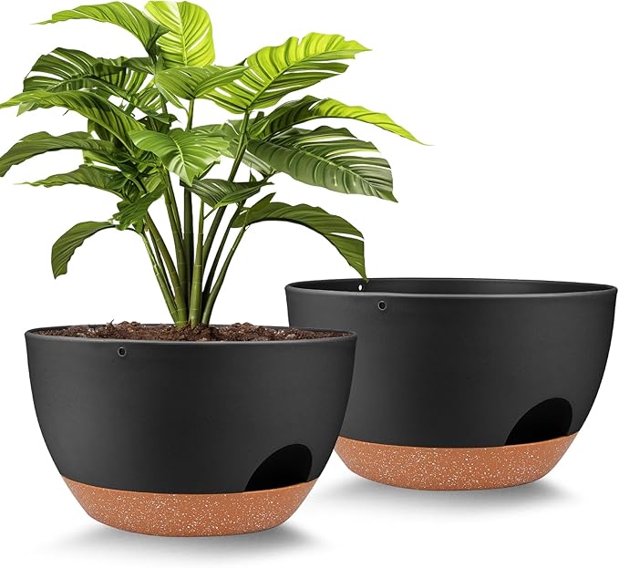 Plant Pots 12inch Self Watering Pots, Set of 2 Plastic Planters with Drainage Holes and Saucers, Flower Pots for Indoor Outdoor Plants (Black)