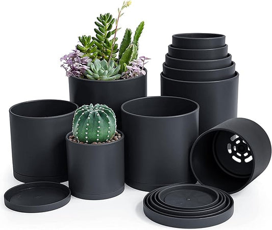 D'vine Dev Pack of 10 Plastic Plant Pots (2 Set of 6 Inch, 5.5 Inch, 5 Inch, 4.5 Inch, 4 Inch) Small Planter Pots for Plant with Drainage Holes and Saucers, Black, 74-R-B