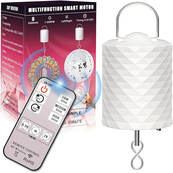 Disco Ball Motor with Remote Control，Adjustable 3 Rotating Speeds and 2 Way Direction Electric Slow Wind Spinner for Wind Chimes, Baby Crib Mobiles, Mirrors, and Hanging Ornaments