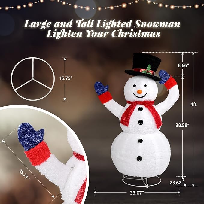VINGLI 4FT Snowman Electric Outdoor Christmas Yard Decor, Motorized Lighted Snowman with 120 LED Lights, Animated Hat On Off, Pop Up Xmas Yard Lawn Garden Front Porch Pull Up Indoor Holiday Decor