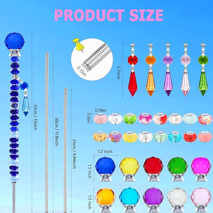 Exway 247 PCS DIY Fairy Wand Beaded Garden Stake Kits with Assortment Large Hole Beads 10 Crystal Stopper Top Threaded Rods and Sparkling Crystal Pendants for Outdoor Indoor Decor