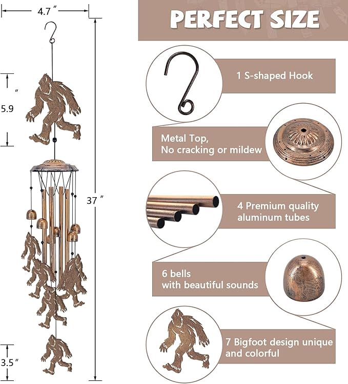 Bigfoot Wind Chimes Outdoor Sasquatch Decor, Deep Tone Soothing Melodic Tones Windchime, Memorial Wind Chimes for Outside with Big Foots Wind Catcher, Best Gifts for Men/Women Porch Garden Decoration