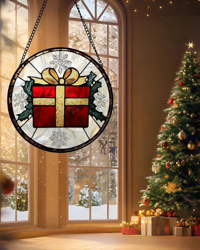 Stained Glass Window Hanging - Snowflake Gift Box Suncatcher for Doors Home Christmas Decoration Winter Sun Catcher Thanksgiving New Year Birthday Gifts for Women Men Mom Nana Girl 11.8 in