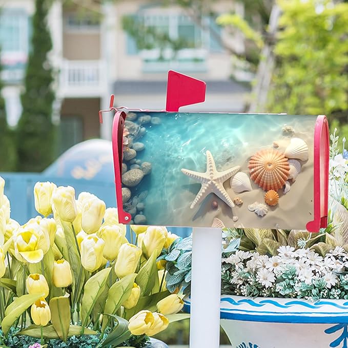 Summer Beach Starfish Magnetic Ocean Mailbox Cover - Standard Size 25.5" X 21" Nautical Coastal Mailbox Wrap for Outside Garden Yard Farmhouse Home