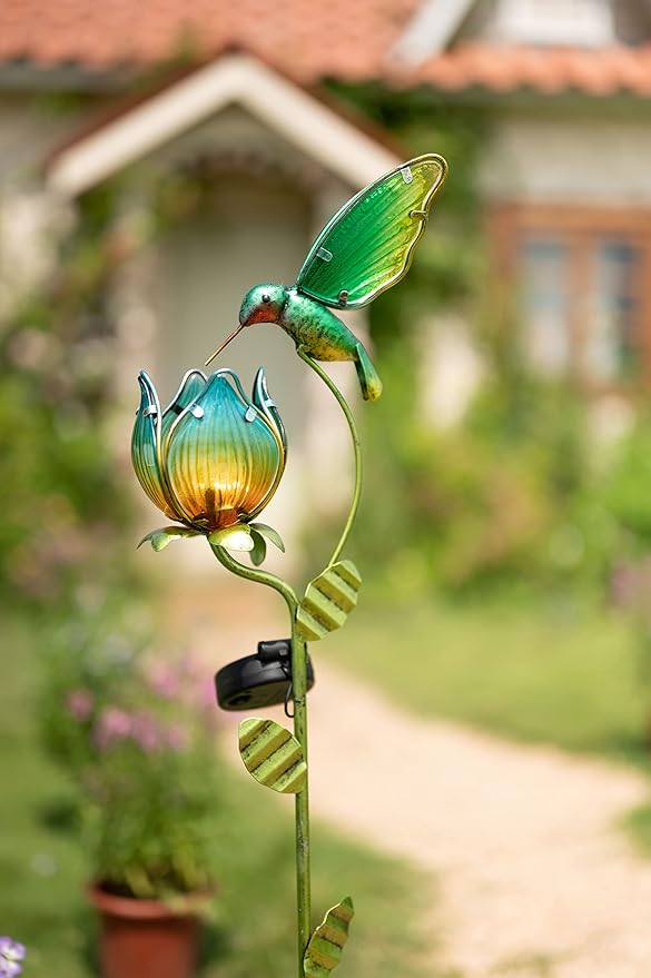 TERESA'S COLLECTIONS Glass Flower Bird Pathway Solar Outdoor Light for Garden Decor, 39'' Tulip and Hummingbird Metal Decorative Stakes Yard Art for Lawn Patio Porch Decorations, Gifts for Mom