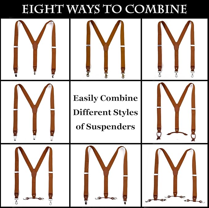 UPSONG Mens Suspenders，Brown Leather Button Tab and Clip Braces Heavy Duty Suspender Wedding Suspenders for Groom Groomsmen