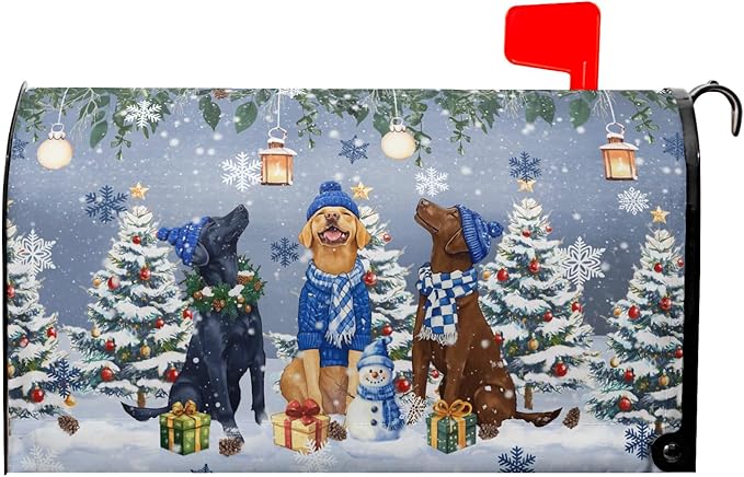 Winter Dog Magnetic Mailbox Cover, 25.5x21 Inch Christmas Puppy Tree Snowman Decorative Waterproof Mailbox Wrap Letter Post Cover Large Size for Garden Yard Outdoor Season Outside