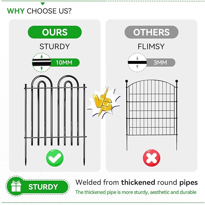 10 Panels Garden Tube Fence with Gate, 36in(H)×21.6ft(L) Tall No Dig Fence Animal Barrier, Heavy Duty Metal Decorative Garden Edging Border, Ground Defense Temporary Fencing for Outdoor Yard, Black
