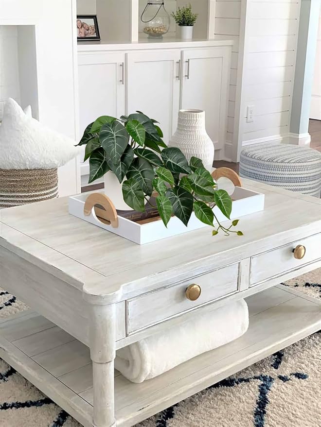 Hollyone Artificial Plants Potted Alocasia Amazonica Polly Faux Plant with White Ceramic Pot Fake Hanging Plants Indoor for Home Living Room Shelf Office Aesthetic Decor
