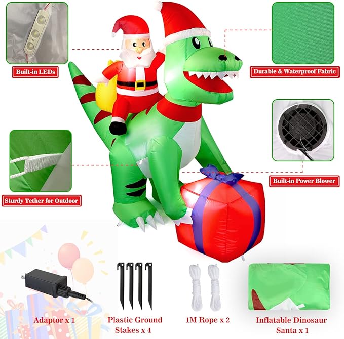 5 Ft Christmas Inflatable Dinosaur with Santa, LED Lights, Indoor Outdoor Holiday Yard Decor, Green T-Rex with Gift Box
