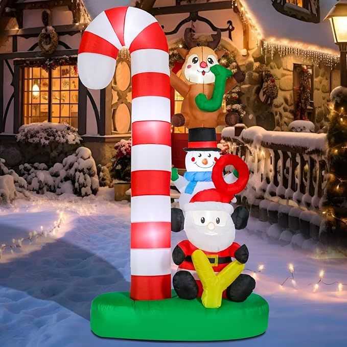 Christmas Inflatables Christmas Blow Up Yard Decorations Christmas Inflatable Candy Cane Santa Clause Snowman Reindeer Holding Joy LED Lighted Up Yard Lawn Garden Home Party Decor