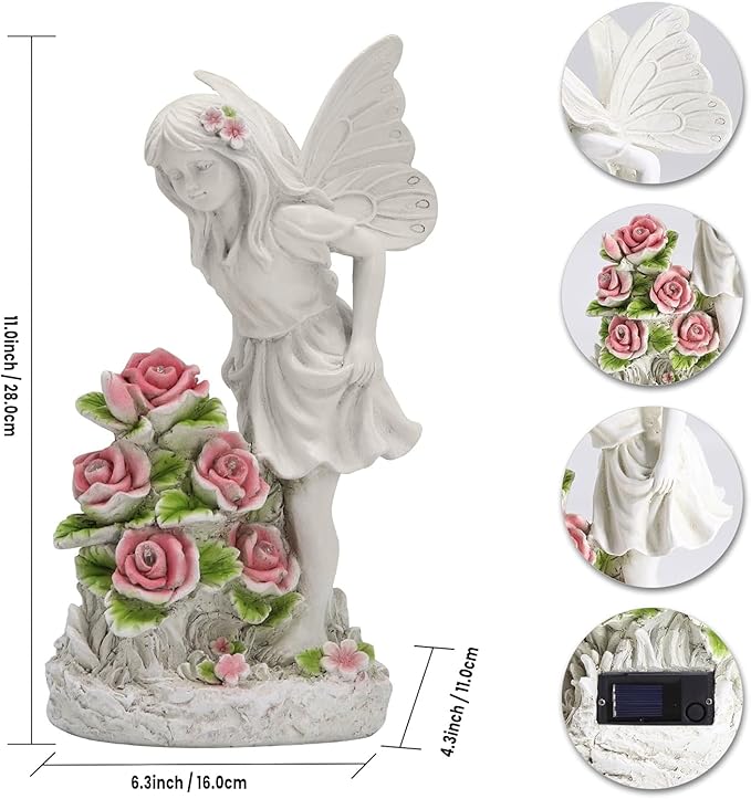 Garden Figurines Angel Garden Statue Outdoor Decor, Solar Powered Resin Sculpture with 5 LEDs Art Decoration for Patio Lawn Yard Porch, Ornament Housewarming Gift, 11“ H