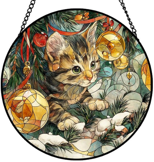 Stained Glass Window Hanging – 9.8 in Cute Kitten with Christmas Ornament Panel with Chain， Bathroom Front Door Living Room Garden Decor， Gift for Mom Wife Lovers