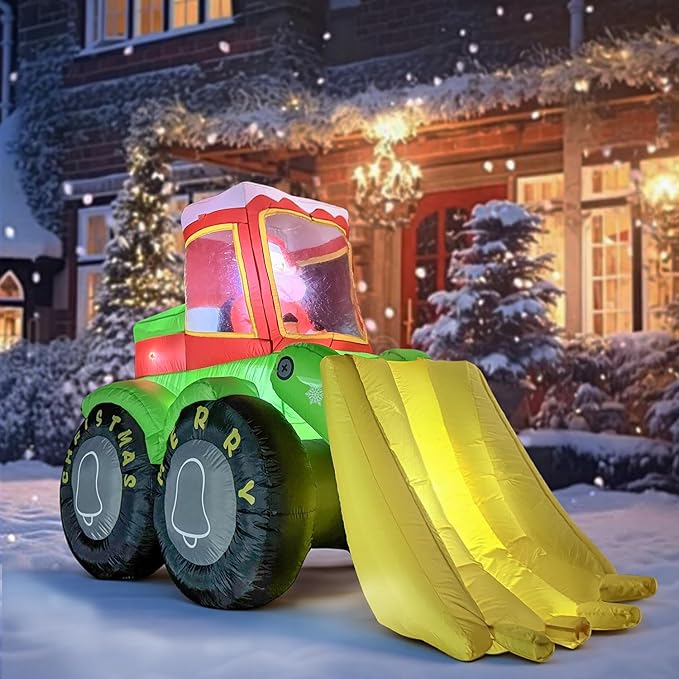 7FT Long Christmas Inflatables Santa Claus Drives Bulldozer, Funny Christmas Blow Ups Construction Vehicle Decoration, Built-in LEDs for Holiday Party Front Garden Lawn Yard Patio Outdoor
