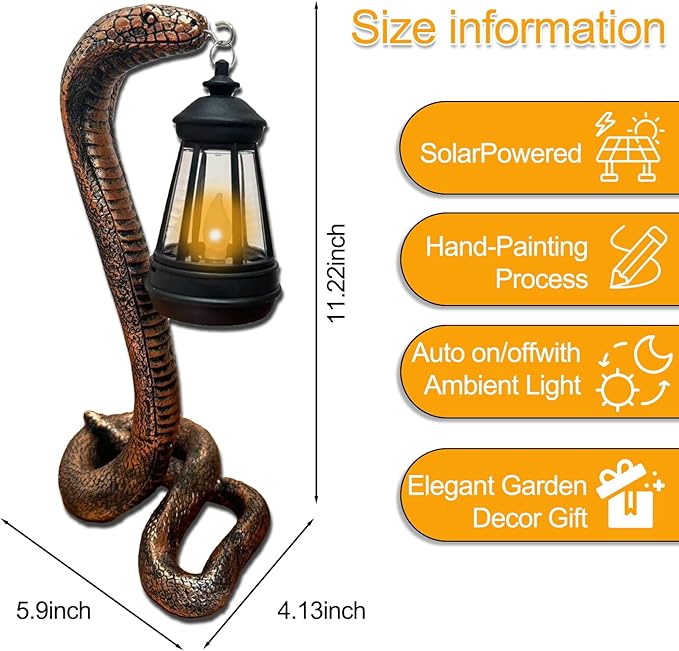 Solar Snake Garden Statue,11.22 Inch Snake for Yard Lawn Garden Patio Scary Decorations,Indoor Haunted House Prop and Christmas Home Party Decor (Brass Color)