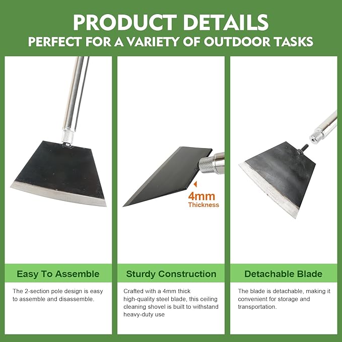 84" Garden Shovel Cleaning Floor Scraper, Weed Removal Tool, Long Handle with Heavy Duty Sharp Blade for Ice Roof Back Yard Sidewalk Grass Walls Glass Tile Painting Stripping Tools