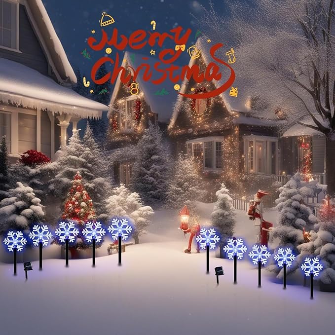 BRIGHTDECK Snowflake Solar Christmas Decorations Outdoor, 10 Pack LED, Waterproof Snowflake Pathway Lights, Stake Lights for Christmas Garden Decor (10Pcs Blue)
