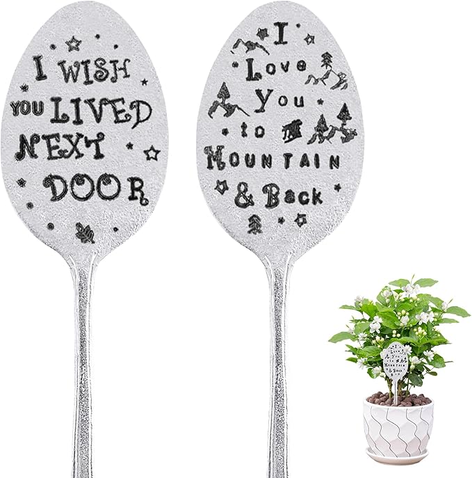 2 Packs Garden Marker Friendship Gift, Metal Spoon Plant Markers, Plant Label Gift, Creative Plant Markers Spoon for Plants Herbs or Flowers DIY Sign Plant Labels (I Wish You Live Next Door)