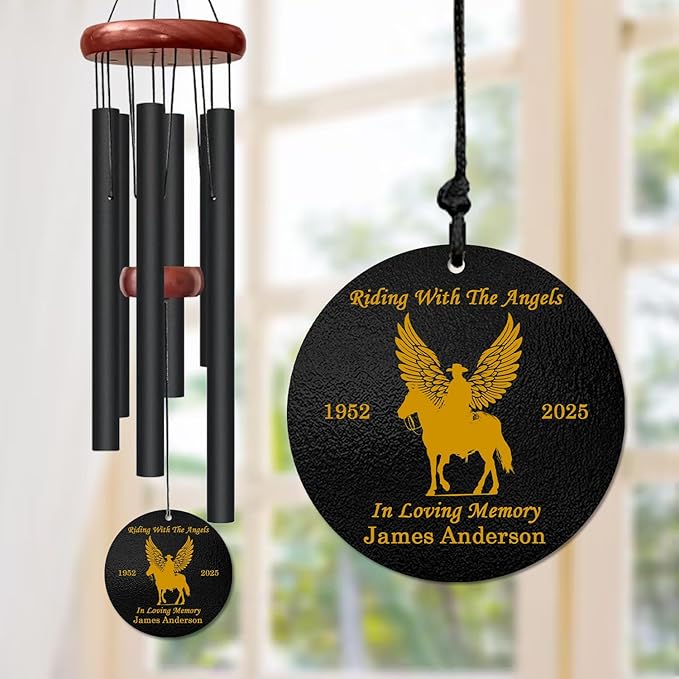 Personalized Cowboy Memorial Wind Chime – “Riding with The Angels” Custom Name & Years – Winged Horse Engraved Western Sympathy Gift – Outdoor Remembrance Windchime for Loss of Loved One