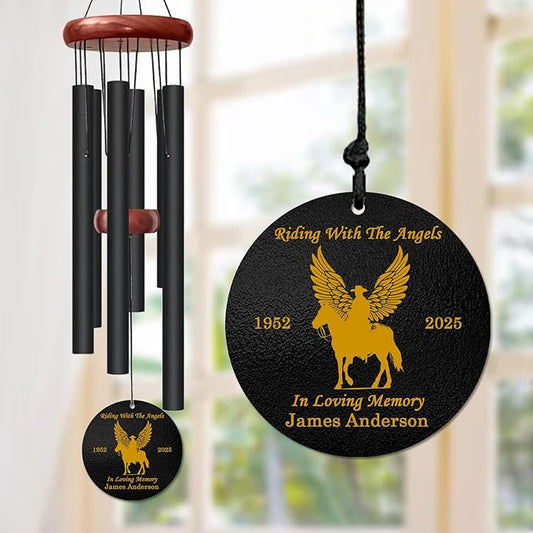 Personalized Cowboy Memorial Wind Chime – “Riding with The Angels” Custom Name & Years – Winged Horse Engraved Western Sympathy Gift – Outdoor Remembrance Windchime for Loss of Loved One