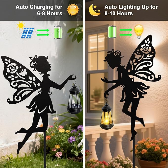Solar Fairy Garden Statues Outdoor Decor, 2 Pack Metal Fairy Figurine Light Stake,Christmas Housewarming Ornament for Patio, Lawn, Yard, Pathway - Unique Gift Ideas for Gardening Mom Grandma Birthday