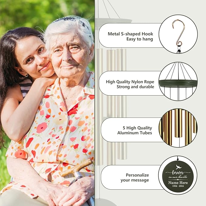 Personalized 30/36 inch Wind Chimes Memorial, Deep Tone Memorial Wind Chimes for Loss of Loved One/Mom/Dad, Sympathy Gifts for Bereavement