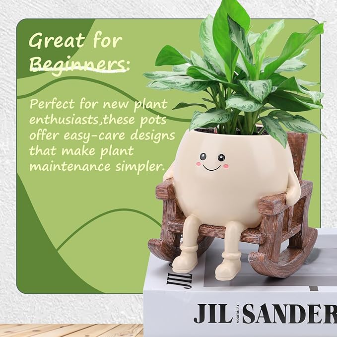 Smily Face Planter Pot, Cute Resin Flower Head Planters for Indoor Outdoor, Unique Sitting Rocking Chairs Succulent Pots, Cute Plant Gifts for Plant Lovers
