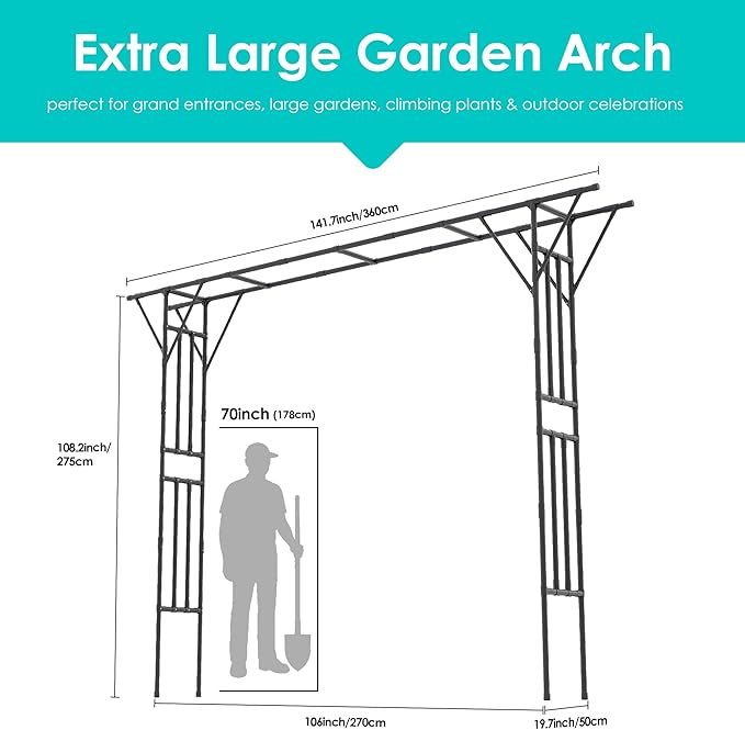 Twira Flat Top Garden Arch Trellis, 11FT x 9FT Extra Large Garden Trellis for Climbing Plants Outdoor, 141.7in x 108in PE-Coated Metal Arbor Archway for Roses,Wisteria,Wedding,Patio Decoration Black