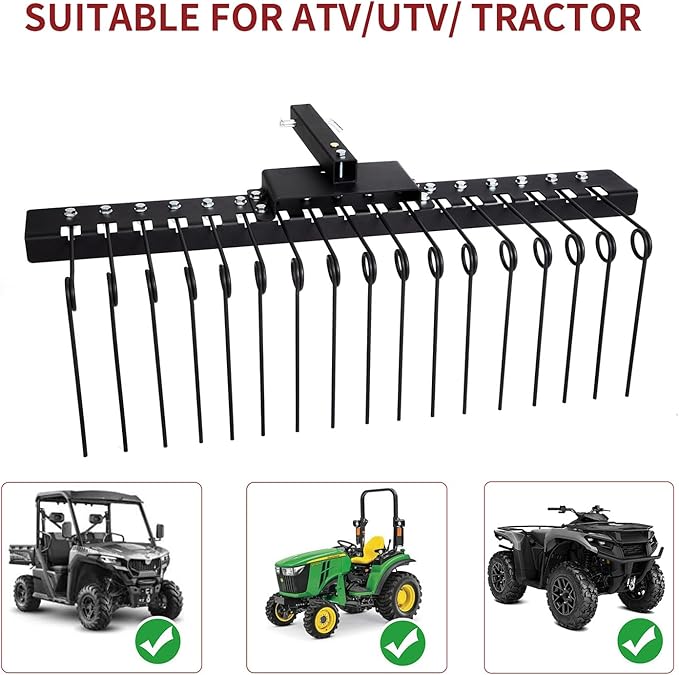 48" Durable Pine Straw Rake Steel Spring Landscape Rake Fits 2" Receiver for Lawn Tractors or ATV/UTV Black