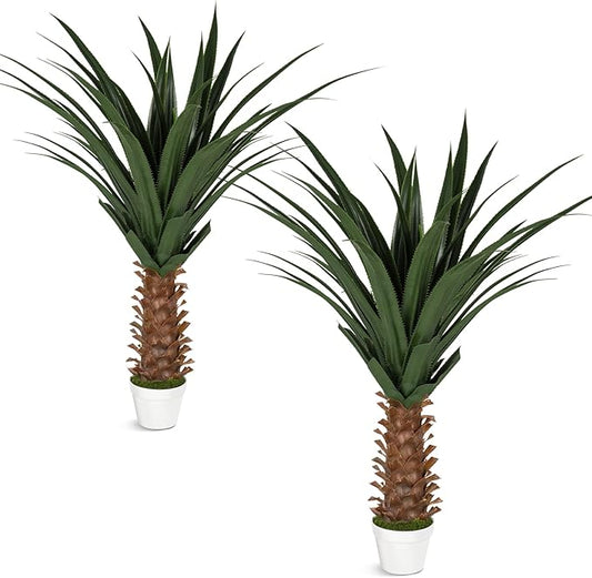 Set of 2 Artificial Agave Plants 4ft Each, Realistic Faux Spiked Agave Trees with Lifelike Leaves and Moss in White Pots, Indoor Outdoor Floor Plants for Home Office Patio Porch Decor