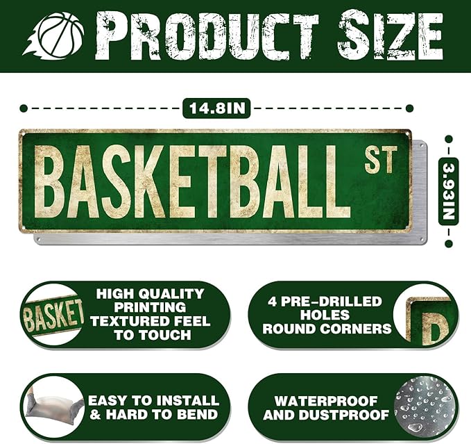 Basketball Gifts for Boys 8-12 Accessories Basketball Room Decor Vintage Street Signs Bedroom Wall Art Gear for Teen Boys 12-14