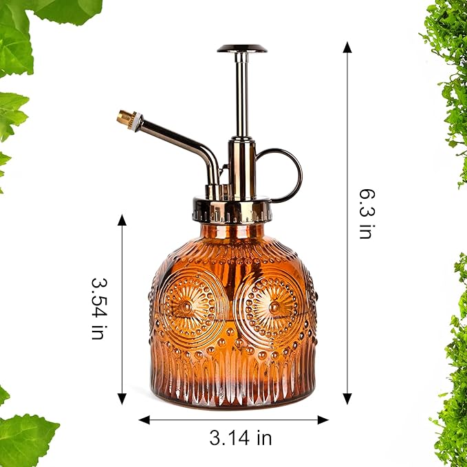 Glass Plant Mister Spray Bottle, Vintage Plant Spritzer, Succulent Watering Bottle Glass with Top Pump, Small Plants Sprayer Watering Can for Indoor Outdoor House - Brown